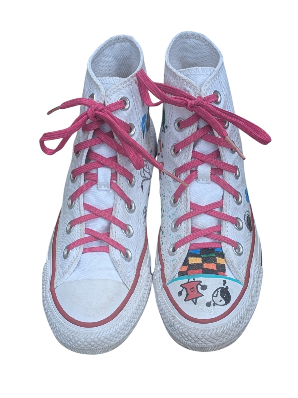Converse All Star Women's 5.5 High-Top Sneakers White w/ Pink Laces Hand Painted - Picture 4 of 10